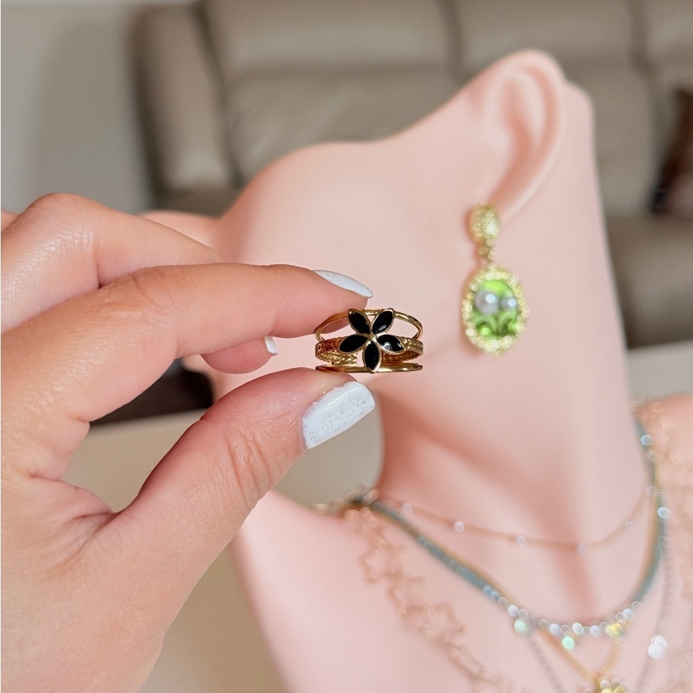 Gold Clover Flower Ring with Black Enamel Accent - Picture 5 of 9